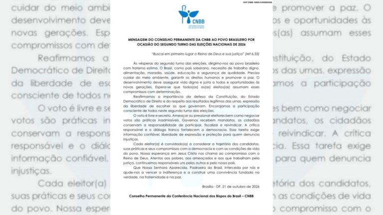 Imagem da notícia: CNBB pede respeito ao resultado das urnas e voto consciente no 2º turno