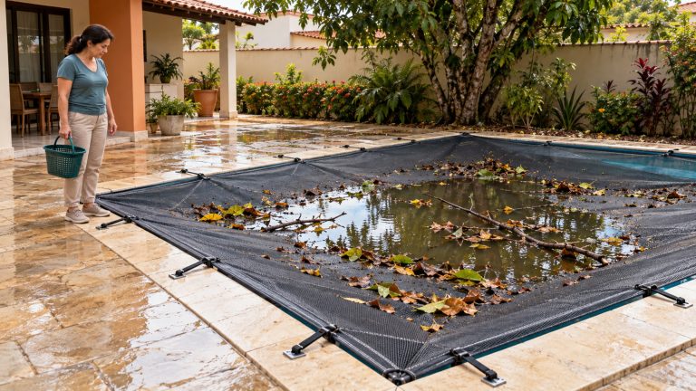 Imagem da notícia: Tela de piscina acumula peso após tempestade e preocupa família