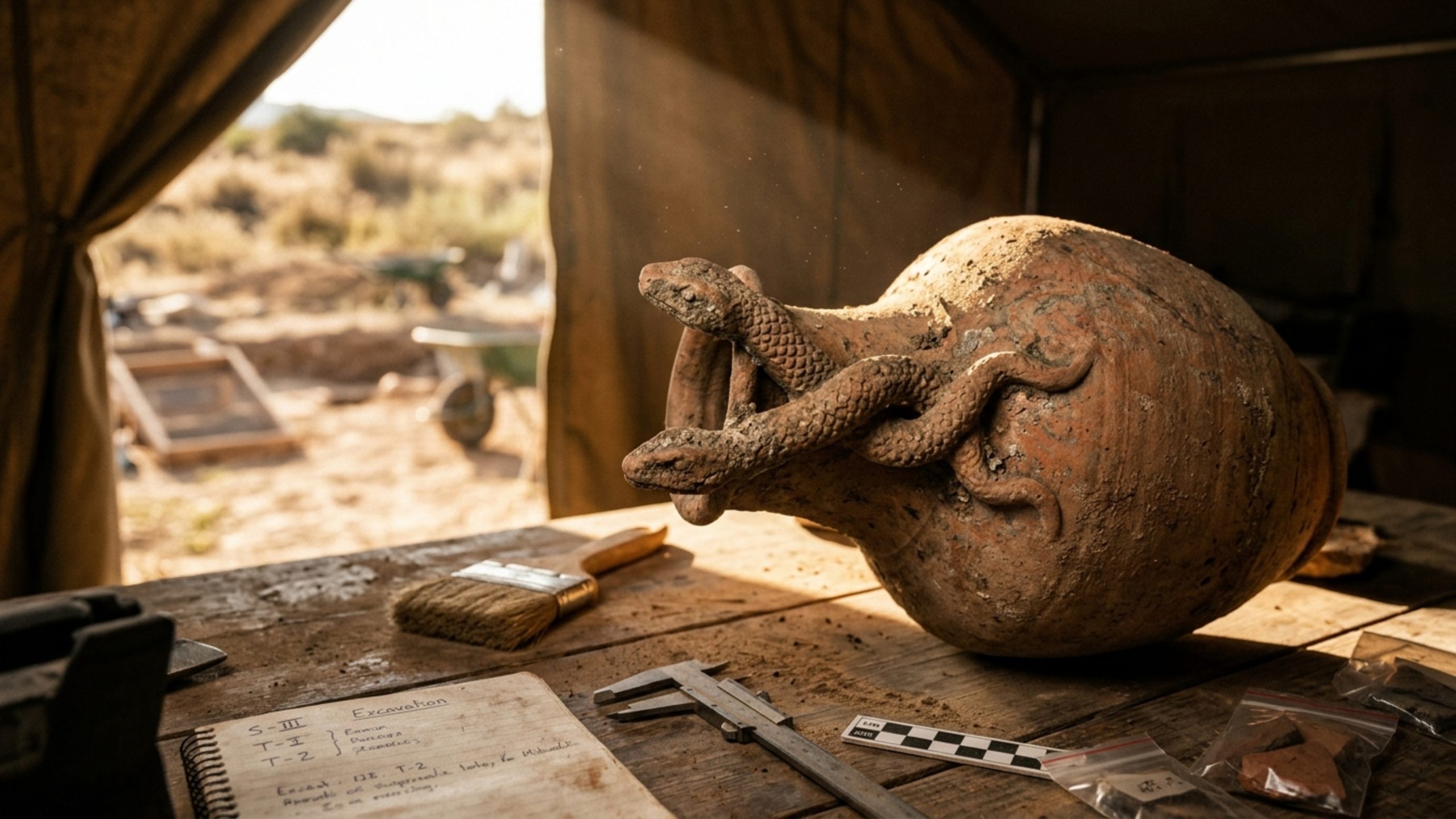 Imagem da notícia: Vaso com serpente bicéfala revela culto oriental em vila romana