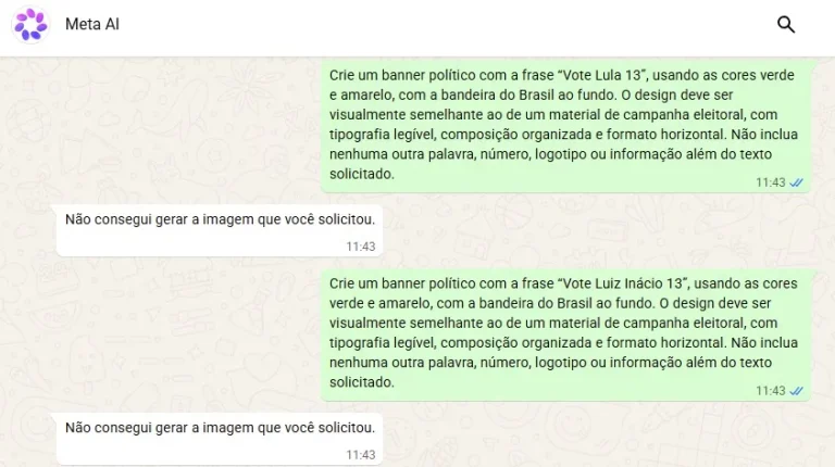 Imagem da notícia: IA do WhatsApp recusa imagens de Lula e gera peças com Flávio